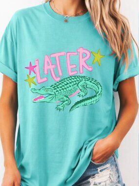 Later After While Alligator Shirt Funny Graphic Tee Front Back Print Chalky Mint